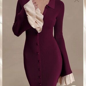 Meshki Burgundy Knit Dress with Cream Ruffle Cuffs
